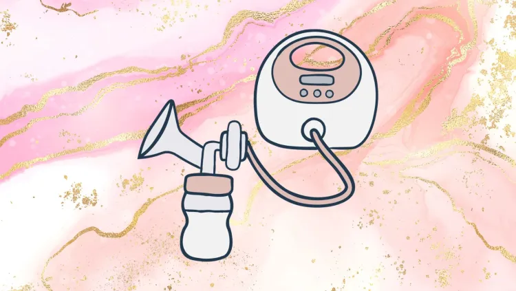 Illustration of an electric breast pump with a pink and gold marbled background. The pump features a bottle, suction unit, and control panel connected by tubes.